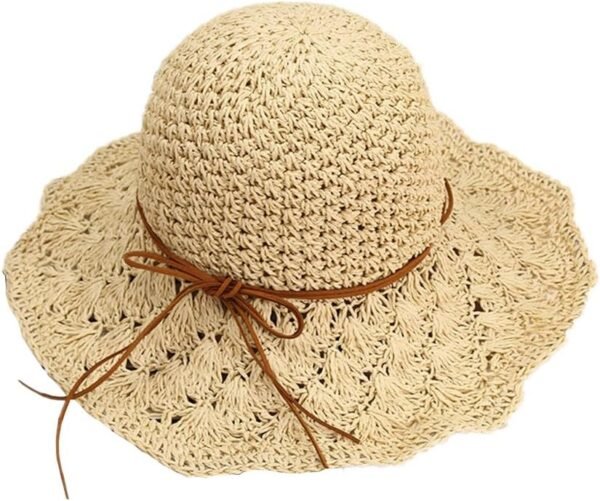 Women Crochet Straw Hat Wide Brim Summer Beach Sunhat Foldable Floppy Fedora Hat UPF 50+ UV Protection Travel Sun Cap