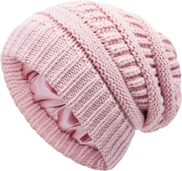 Winter Beanie Hat for Women, Hair Protection Hat Cable Knit Soft Beanies Cap Satin Lined Snow Hats for Women