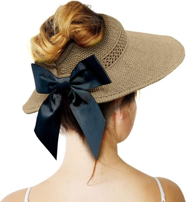 Straw Sun Visor for Women, Wide Brim UPF 50+ Protection Beach Hat, Adjustable, Roll Up Foldable Ponytail Cap with Chin Strap