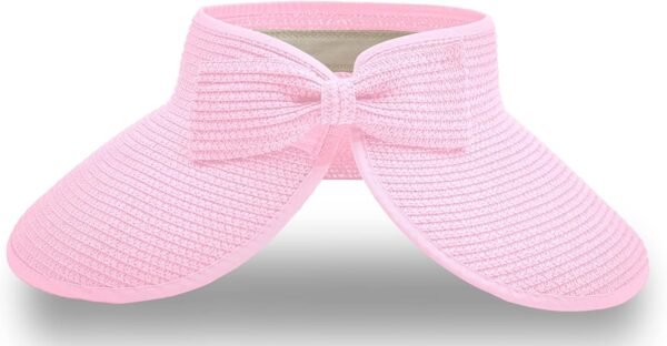 Straw Sun Visor for Women, Wide Brim UPF 50+ Protection Beach Hat, Adjustable, Roll Up Foldable Ponytail Cap with Chin Strap