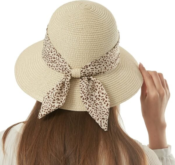 Women Straw Sun Hat Summer Beach Wide Brim UV Protection Hats with Chin Strap Floppy Foldable Cute Bowknot UPF 50 Cap