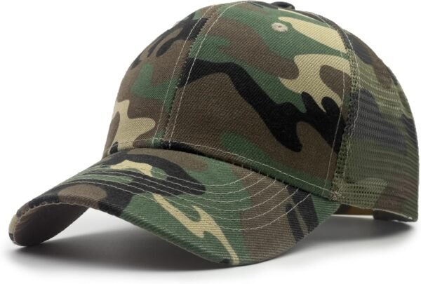 Structured Baseball Cap with Adjustable Closure - Performance Hat for Outdoor Activities and Custom Embroidery (1pc Camo Woodland/Mesh)