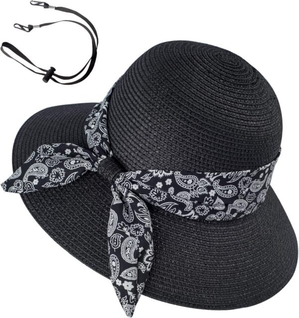 Women Straw Sun Hat Summer Beach Wide Brim UV Protection Hats with Chin Strap Floppy Foldable Cute Bowknot UPF 50 Cap