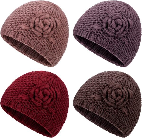 4 Pcs Winter Hats for Women Floral Knitted Beanie Warm Ladies Caps Flannelette Lined Middle Aged and Old Women