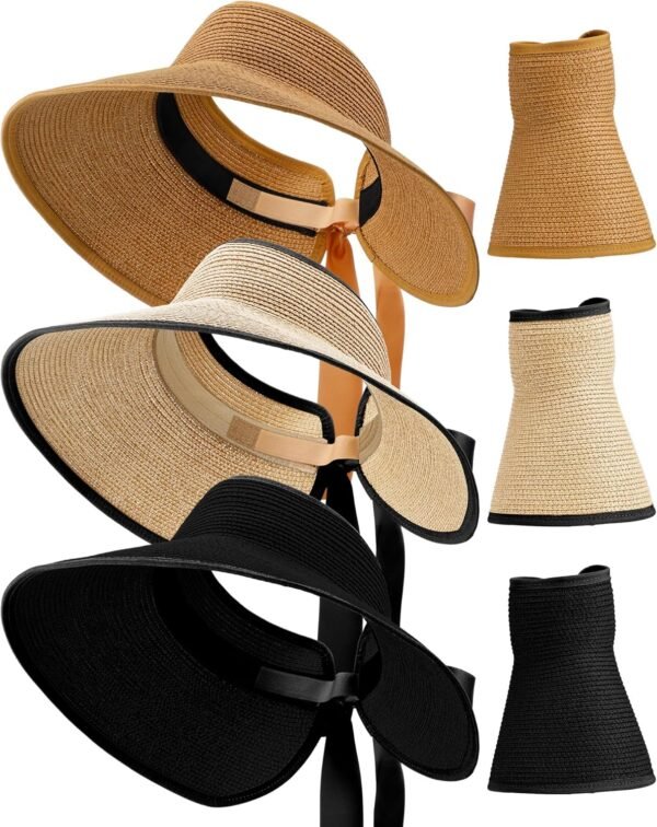 3 Pieces Foldable Straw Sun Visors Hats Wide Brim Ponytail Summer Beach Hat Adjustable Sun Protection Hats for Women